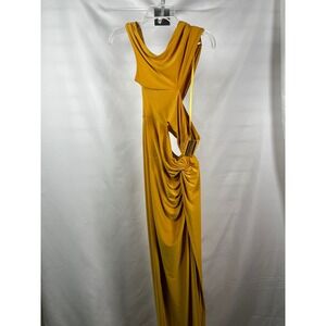 J Lux Label One Shoulder Cutout Maxi Dress Gold Metallic Ring Detail Size L